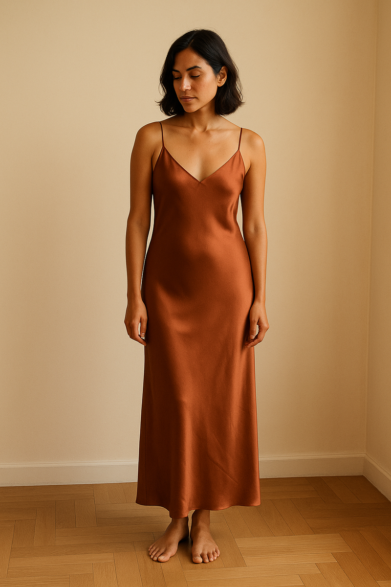 Silk Slip Dress — Brown