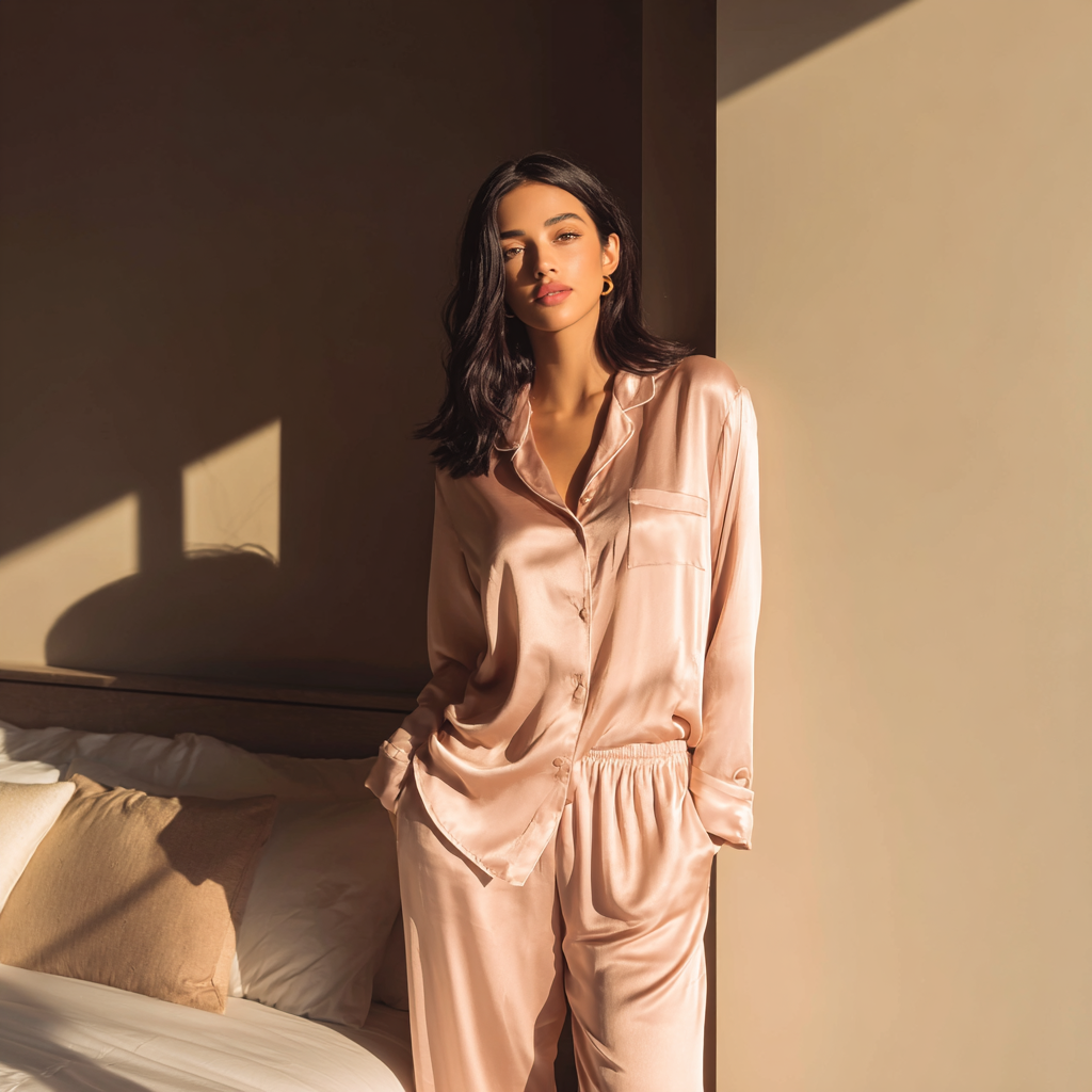 Sleepwear Collection — Jhouni long silk pyjama set in soft blush