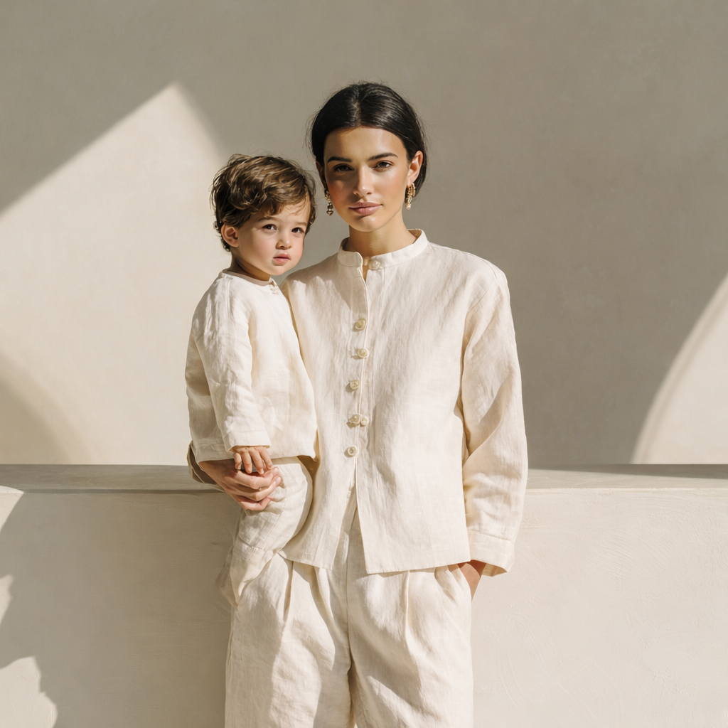Mother and daughter in matching Jhouni pre-washed linen sets