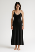 Black silk slip dress, front view — 22-momme mulberry charmeuse bias-cut sleepwear by Jhouni