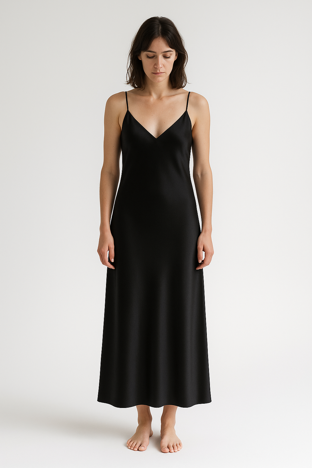 Black silk slip dress, front view — 22-momme mulberry charmeuse bias-cut sleepwear by Jhouni