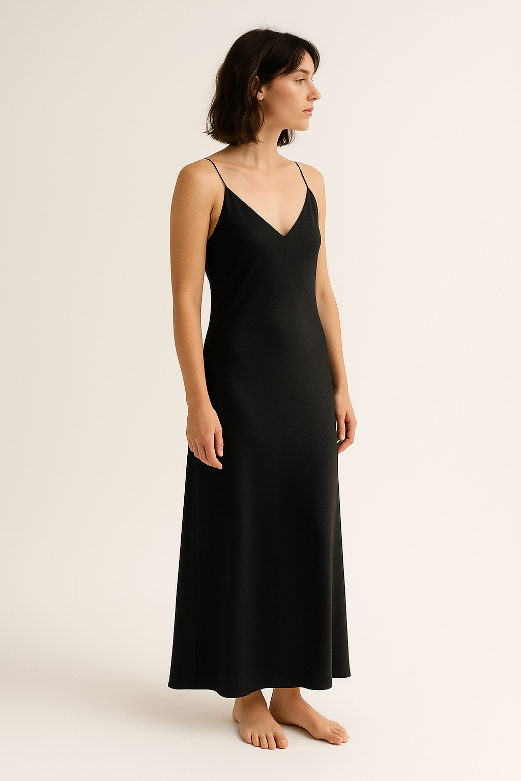 Black silk slip dress, side view — 22-momme mulberry charmeuse bias-cut sleepwear by Jhouni