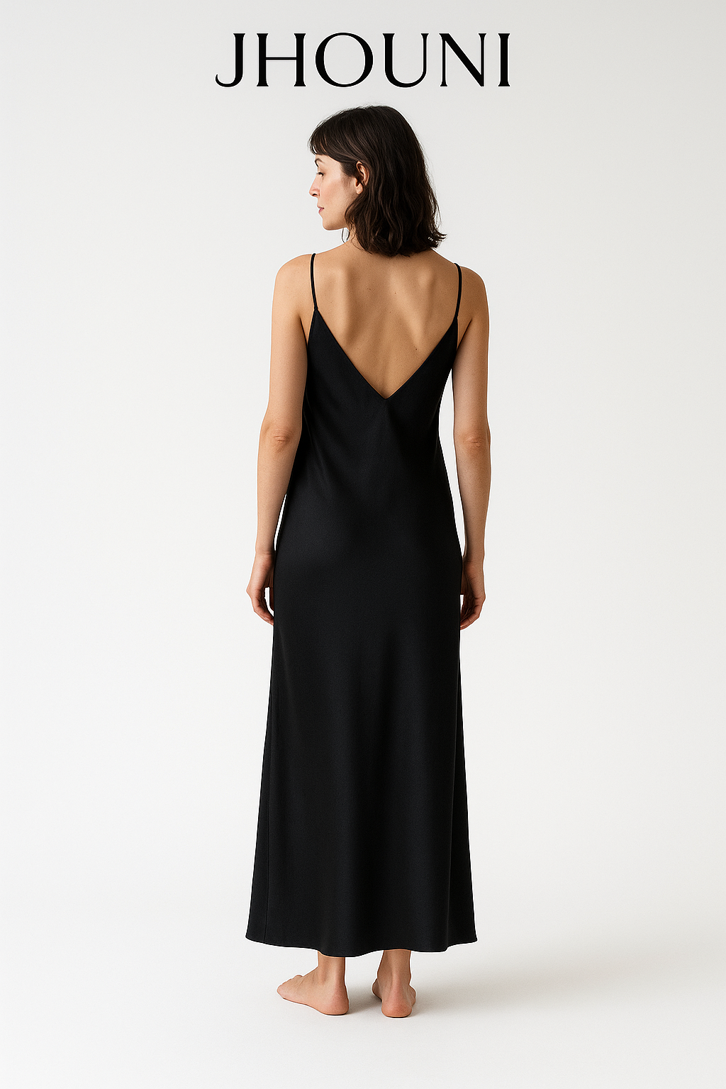 Black silk slip dress, back view — 22-momme mulberry charmeuse bias-cut sleepwear by Jhouni