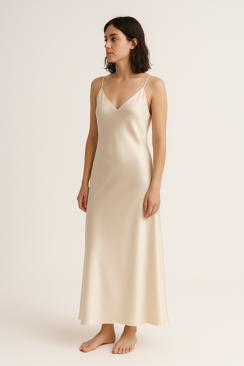 Ivory silk slip dress, side view — 22-momme mulberry charmeuse bias-cut sleepwear by Jhouni