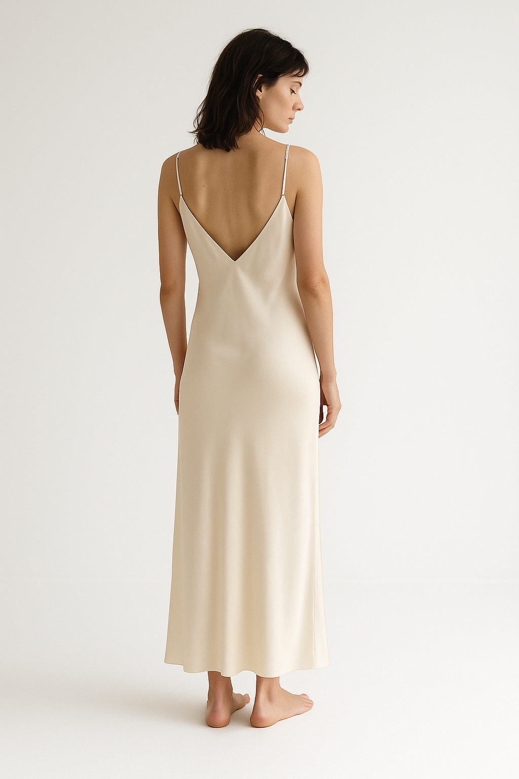 Ivory silk slip dress, back view — 22-momme mulberry charmeuse bias-cut sleepwear by Jhouni