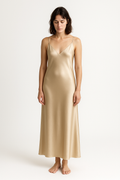 Champagne silk slip dress, front view — 22-momme mulberry charmeuse bias-cut sleepwear by Jhouni