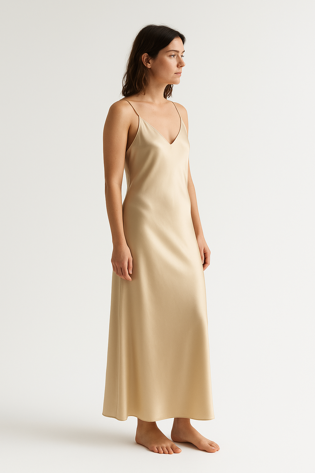 Champagne silk slip dress, side view — 22-momme mulberry charmeuse bias-cut sleepwear by Jhouni