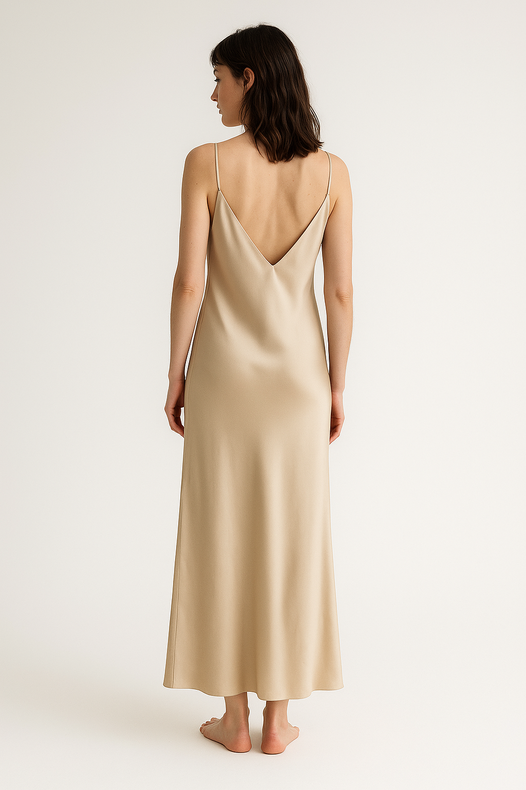 Champagne silk slip dress, back view — 22-momme mulberry charmeuse bias-cut sleepwear by Jhouni