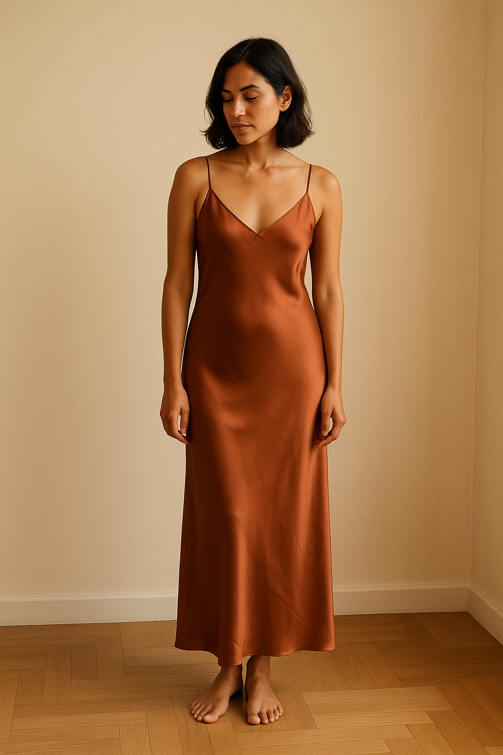Brown silk slip dress, front view — 22-momme mulberry charmeuse bias-cut sleepwear by Jhouni