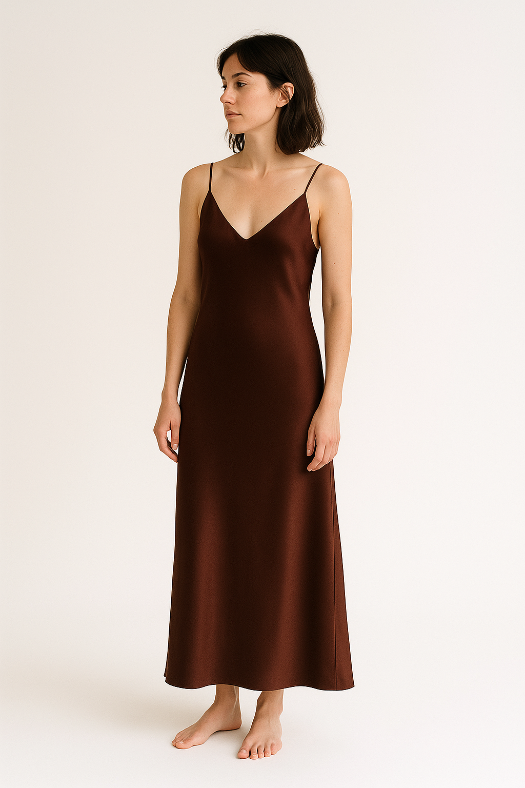 Brown silk slip dress, side view — 22-momme mulberry charmeuse bias-cut sleepwear by Jhouni