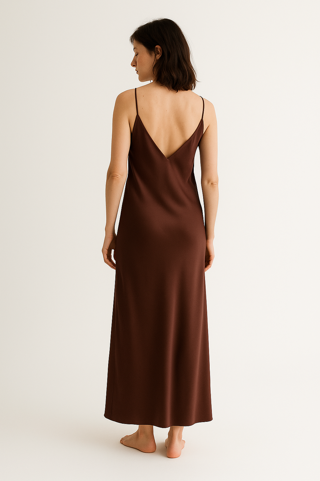 Brown silk slip dress, back view — 22-momme mulberry charmeuse bias-cut sleepwear by Jhouni