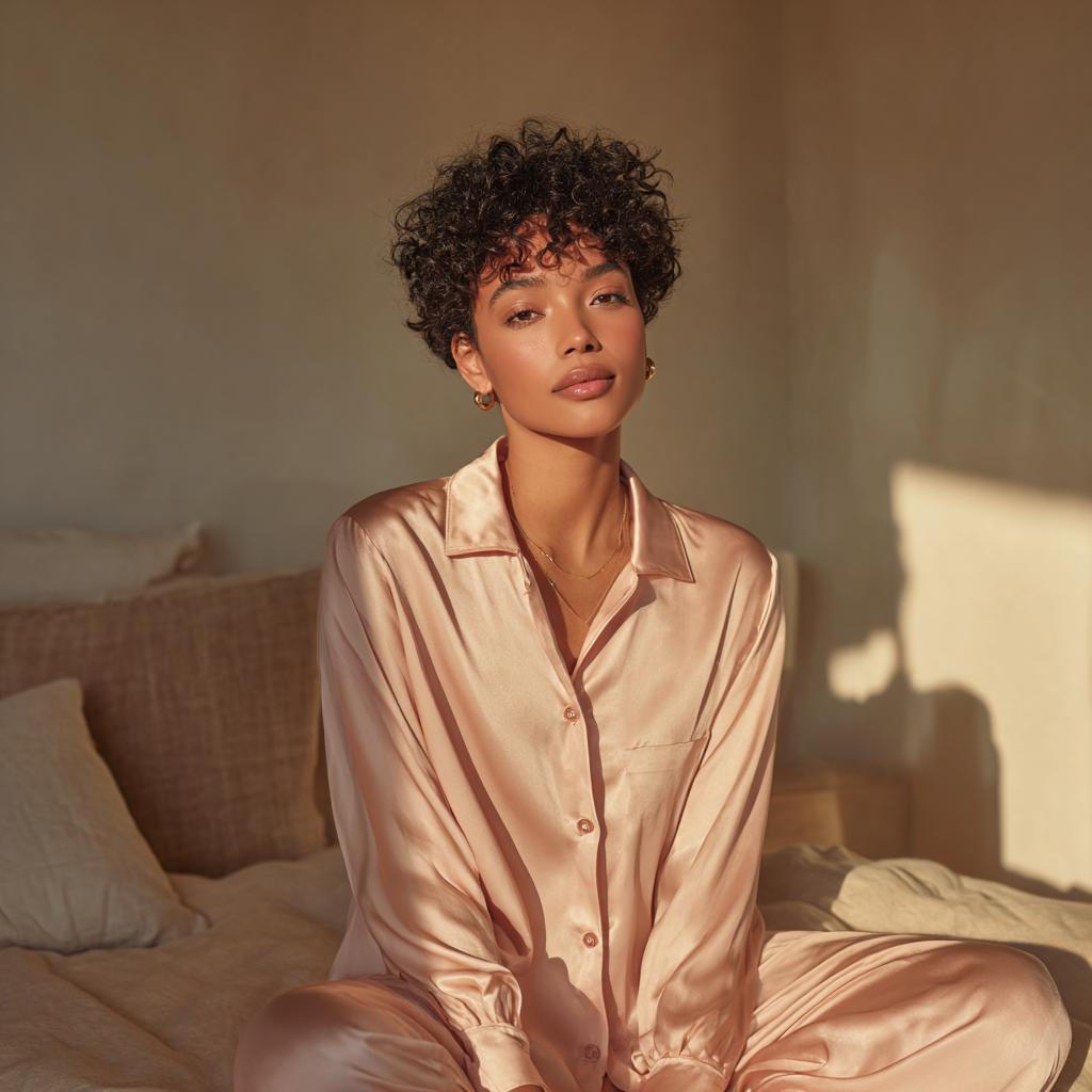 Petal silk pyjama set, long-sleeve and pant — 19-momme mulberry charmeuse sleepwear by Jhouni