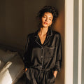 Black silk pyjama set, long-sleeve and pant with cream piping — 19-momme mulberry charmeuse sleepwear by Jhouni
