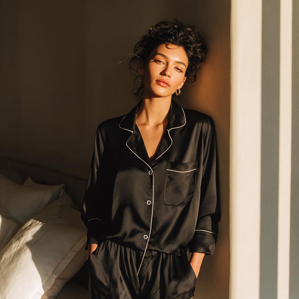 Black silk pyjama set, long-sleeve and pant with cream piping — 19-momme mulberry charmeuse sleepwear by Jhouni
