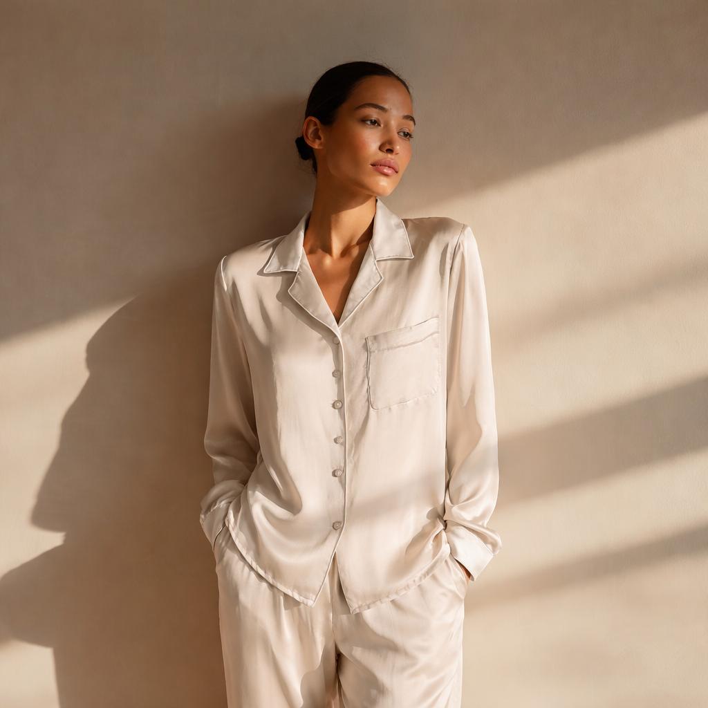 Ivory silk pyjama set, long-sleeve and pant — 19-momme mulberry charmeuse sleepwear by Jhouni