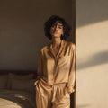 Honey silk pyjama set, long-sleeve and pant with cream piping — 19-momme mulberry charmeuse sleepwear by Jhouni