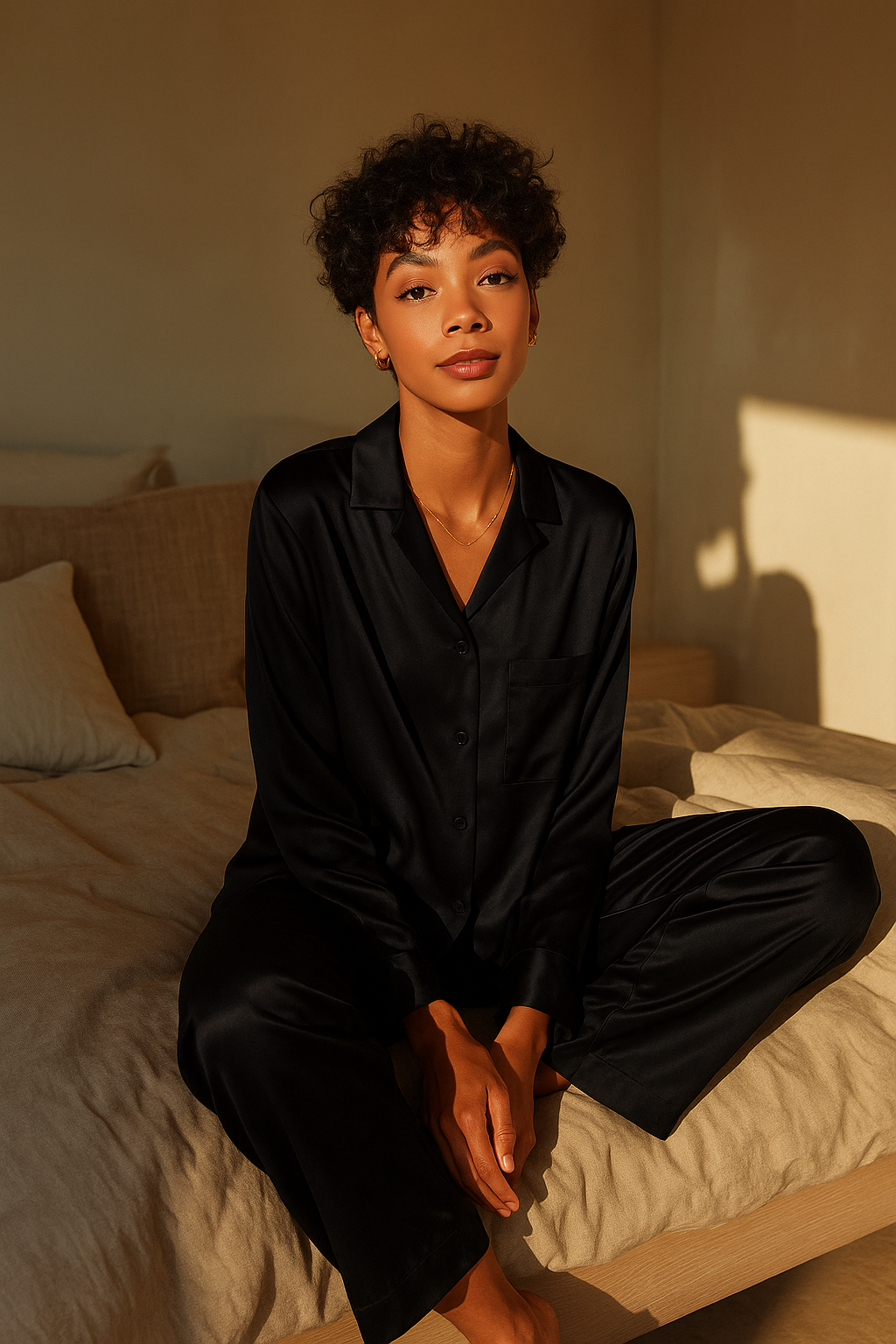Black silk pyjama set, long-sleeve and pant — 19-momme mulberry charmeuse sleepwear by Jhouni