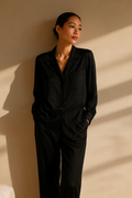 Black silk pyjama set, long-sleeve and pant — 19-momme mulberry charmeuse sleepwear by Jhouni
