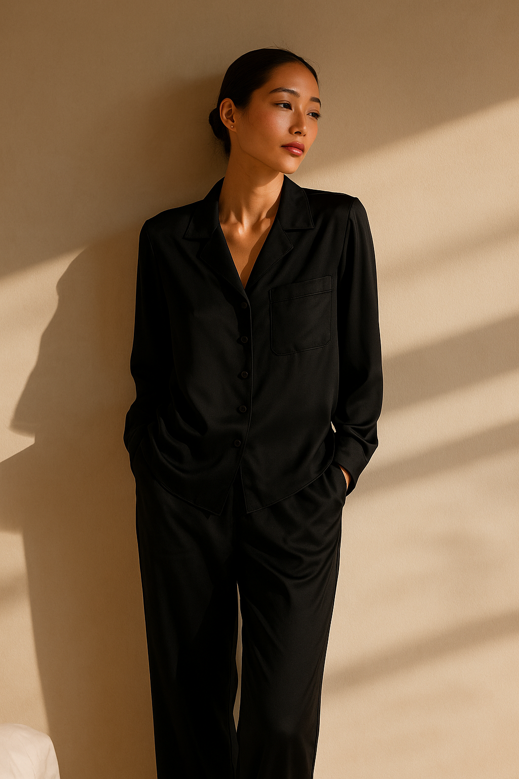 Black silk pyjama set, long-sleeve and pant — 19-momme mulberry charmeuse sleepwear by Jhouni