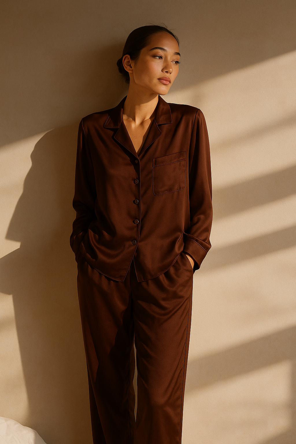 Brown silk pyjama set, long-sleeve and pant — 19-momme mulberry charmeuse sleepwear by Jhouni