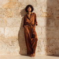 Brown silk co-ord set, mulberry silk by Jhouni — editorial photography, soft natural light, model wearing the piece