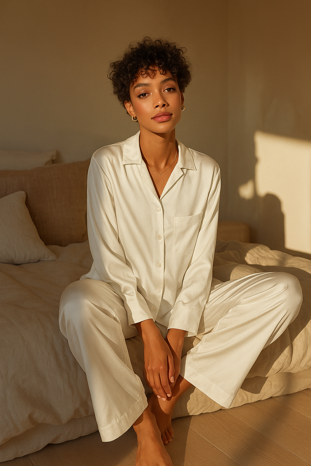 Ivory silk pyjama set, long-sleeve and pant — 19-momme mulberry charmeuse sleepwear by Jhouni