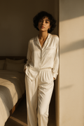 Ivory silk pyjama set, long-sleeve and pant with cream piping — 19-momme mulberry charmeuse sleepwear by Jhouni