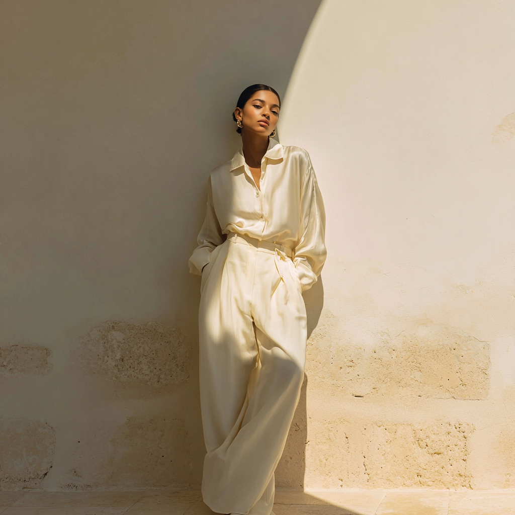 Ivory tailored silk trousers, mulberry silk by Jhouni — editorial photography, soft natural light, model wearing the piece