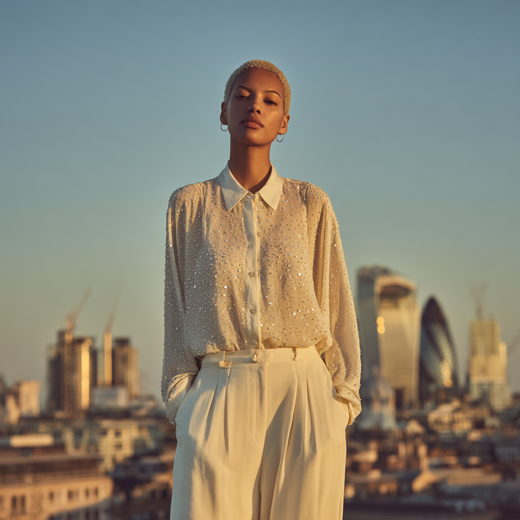 Champagne sparkle silk shirt, mulberry silk by Jhouni — editorial photography, soft natural light, model wearing the piece